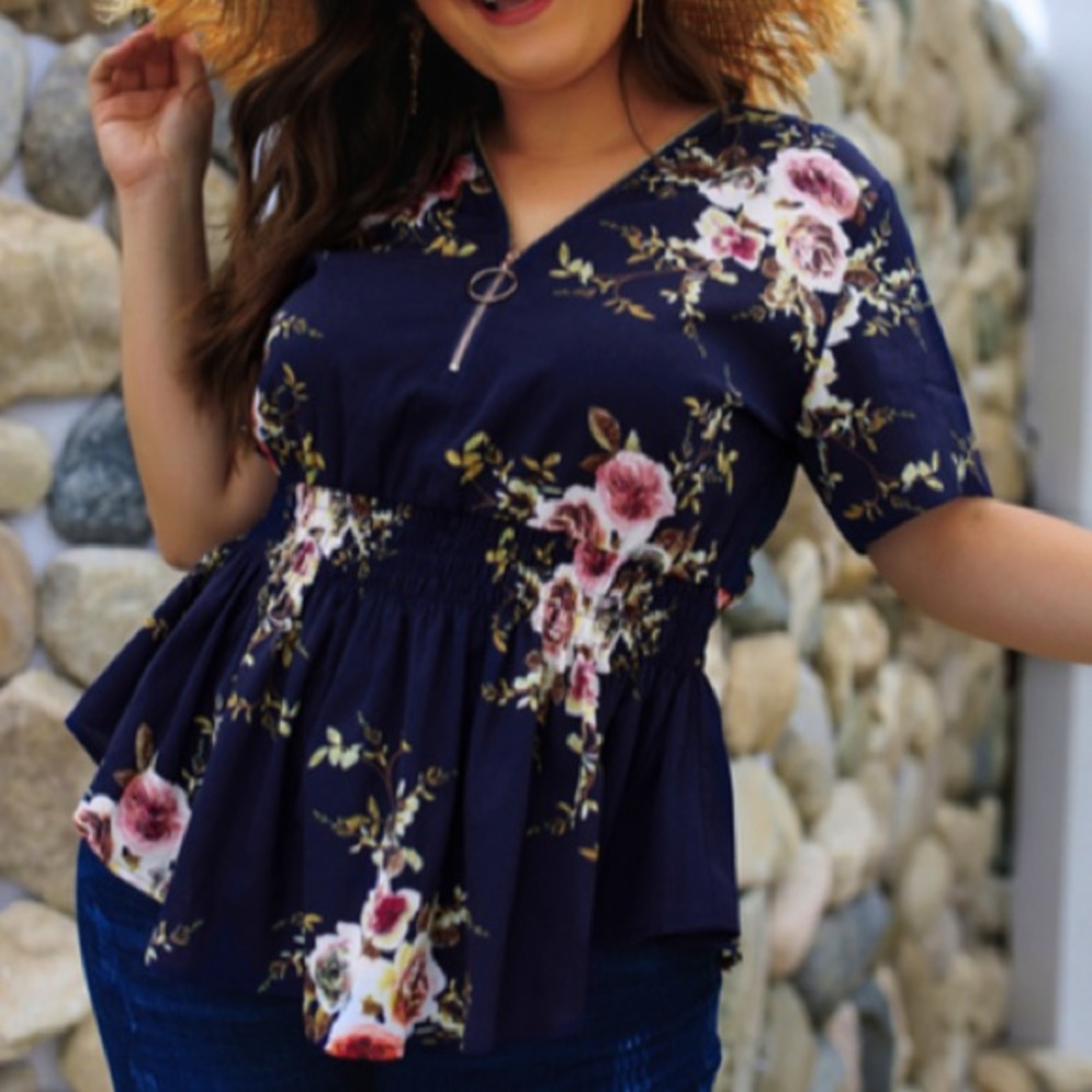 Navy Floral Boho V-neck Plus Size Blouse